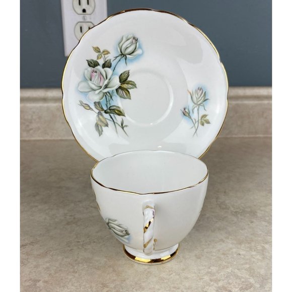 Delphine Bone China England White Stemmed Rose Tea Cup And Saucer Set - Picture 4 of 9